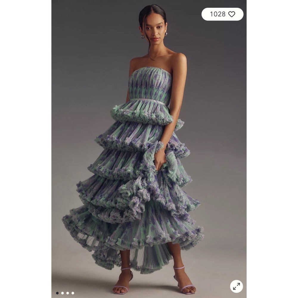 Anthropologie Hutch‎ Giada  Strapless Tiered Ruffle Gown Green Purple Floral